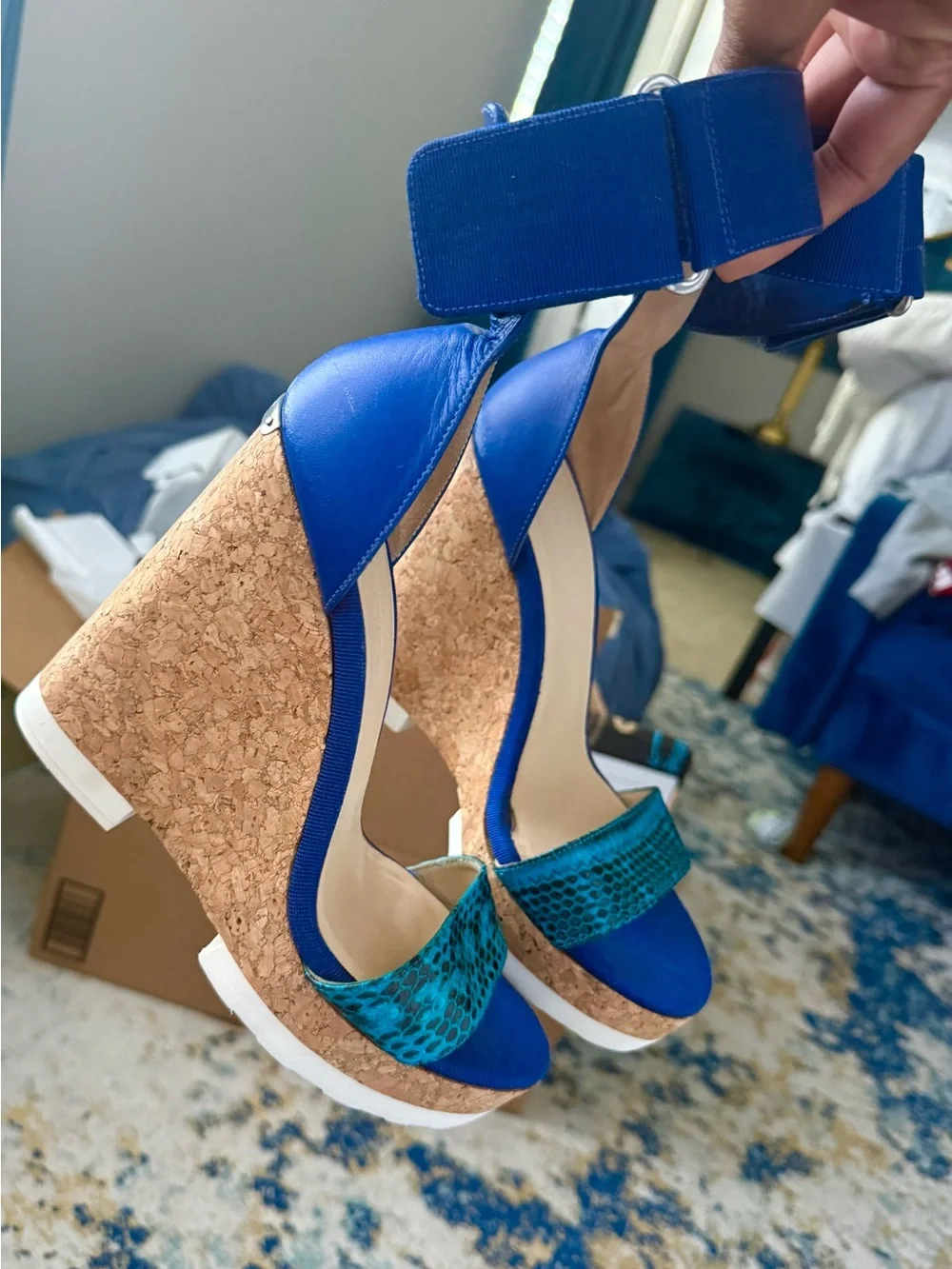 Jimmy Choo Blue Cork Wedge Sandals with Teal Strap - Women